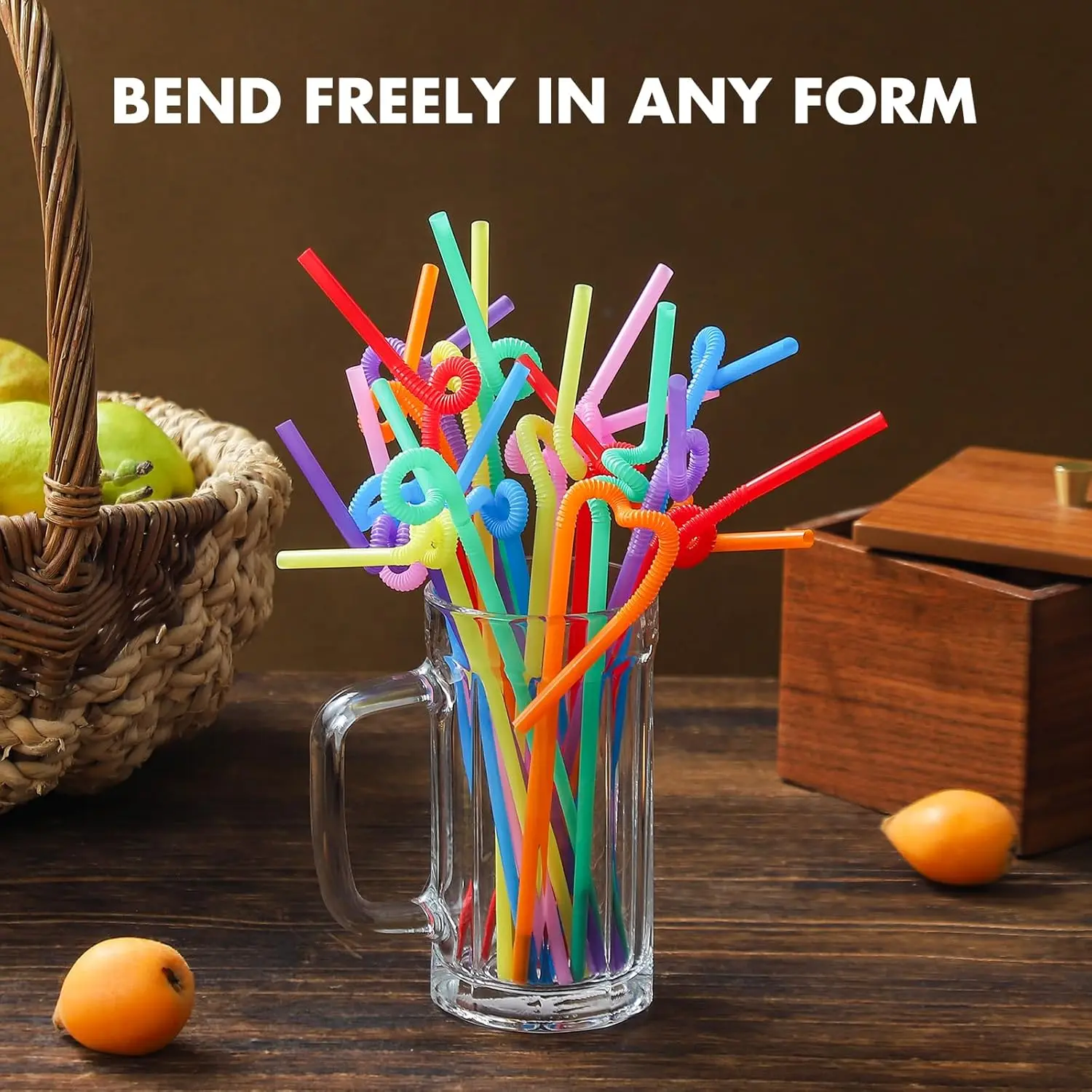 [100 Pack] 10.24" High Extra Long Flexible Plastic Straws, Disposable Drinking Straws, Colorful Bendy Straws - Assorted Colors