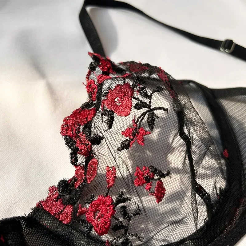 Y Women's French Underwear Ink Painting Embroidery Butterfly Mesh Lace Bra Set Thin Cotton Cup Large Chest Show Small Bra