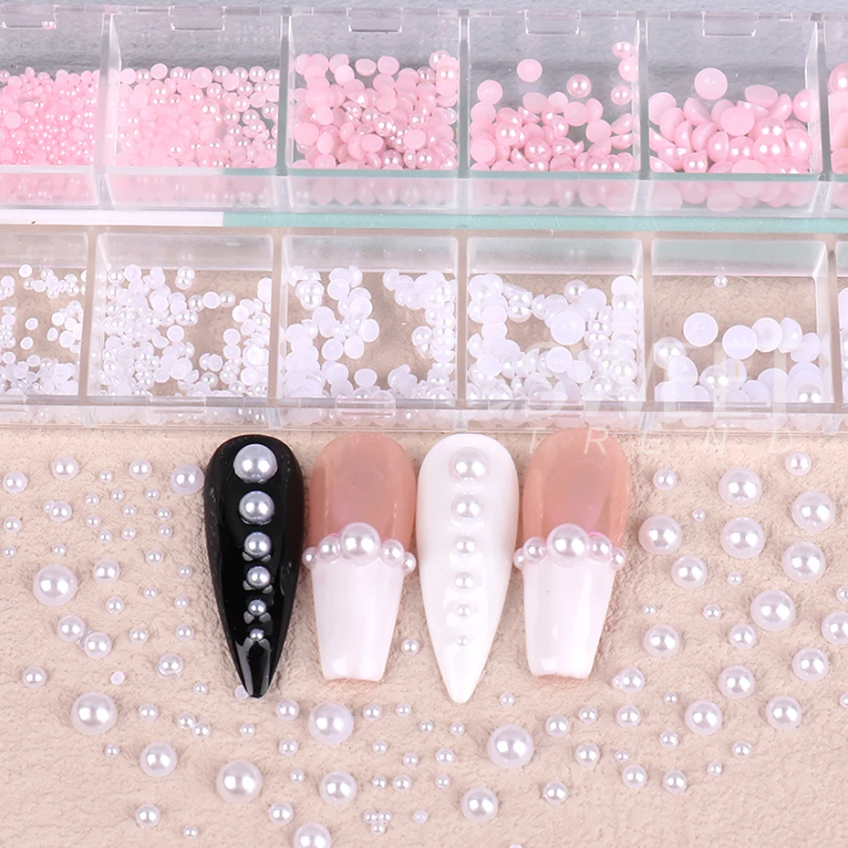 1Box Pink White Flatback Pearls Nail Art Charms Rhinestones Gems Half Round Pearls Nail Supplies for Women Manicure Accessories