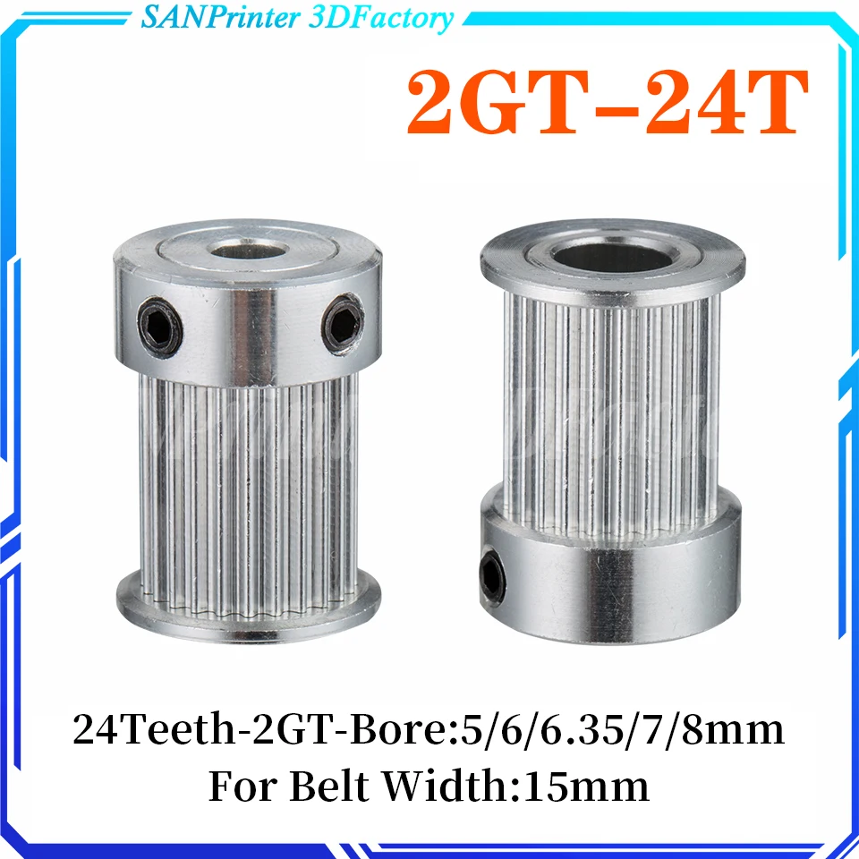 24T 2GT Timing Pulley 24 Teeth Bore 5mm 6mm 6.35mm 8mm for width 15mm GT2 Synchronous Belt Small Backlash Gear 24Teeth