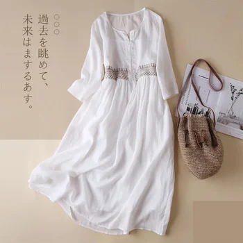 2025 Korean Ladies Large Size 4XL Embroidery Long Dresses High-end Women Cotton Dress Spring Summer Femme Round Neck Maxi Dress