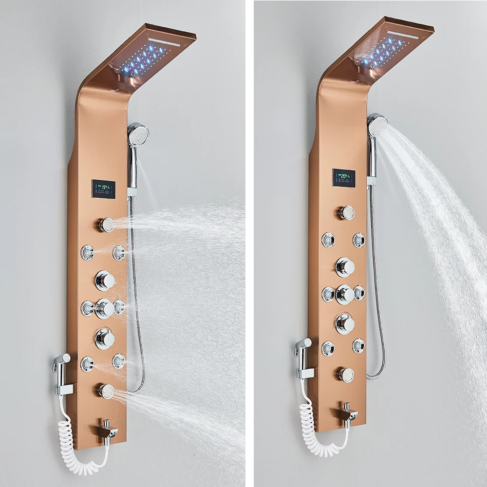 Shower Panel Bathroom Shower Faucet Set LED Bathroom Shower Panel 6 Modes Intelligent LCD Shower Column Rose Gold Rain Waterfall Bath Systems With Massage Jet Mixer Tap
