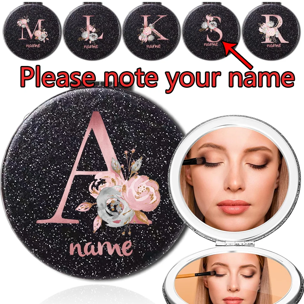 Name Makeup Mirror Portable Double-Sided PU Cosmetic Mirror Folding Hand Magnifying Pocket Daily Beauty Tool