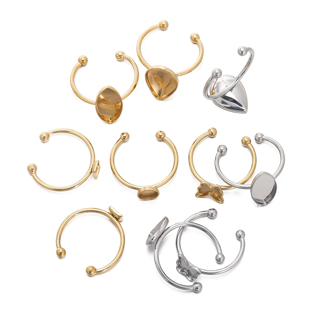 5 Stück goldfarbener offener Ring aus Edelstahl, Cabochon, Cameo, leere Tablett-Basisfassungen für DIY-Ringe, Schmuckherstellung, Zubehör
