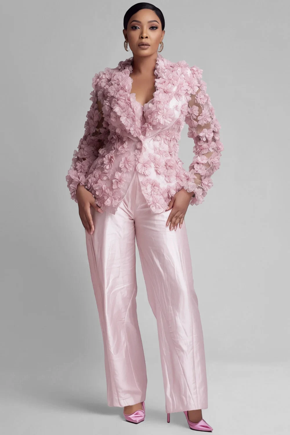 Plus Size Formal Pink Long Sleeve 3D Elegant See Through Satin Two Piece Pant Suits