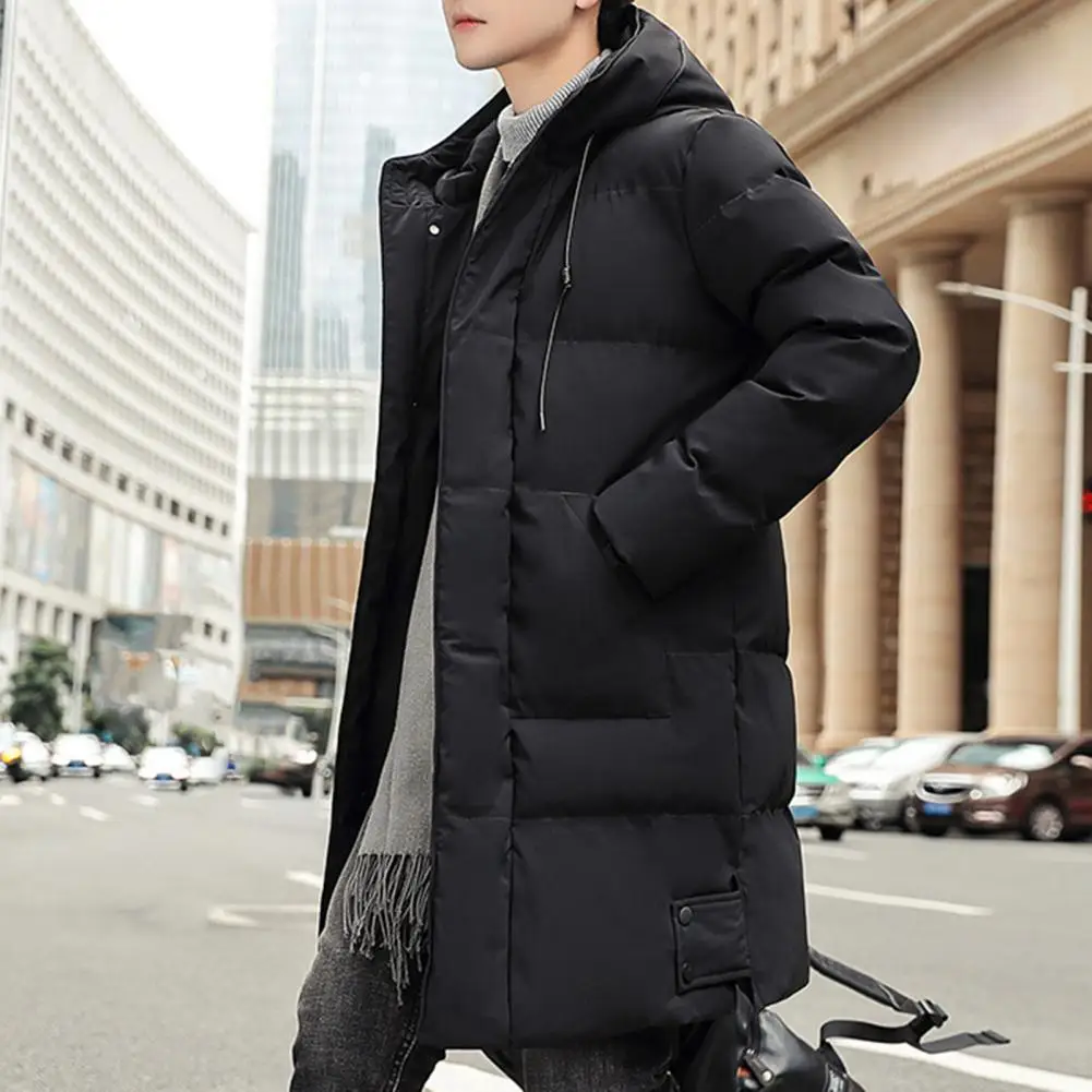 Stylish Men Winter Coat Solid Color Drawstring Winter Down Coat Zipper