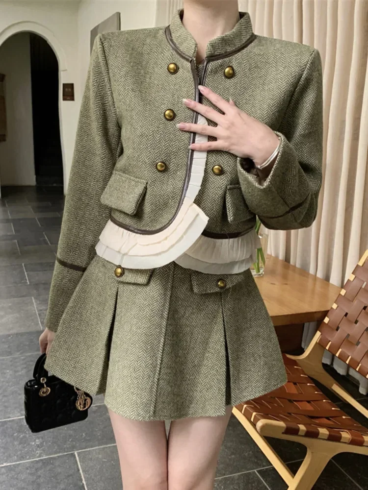 

High Quality Fall Winter French Vintage Two Piece Set For Women Jacket Coat + Skirt 2 Piece Suits Conjuntos Femininos Elegantes