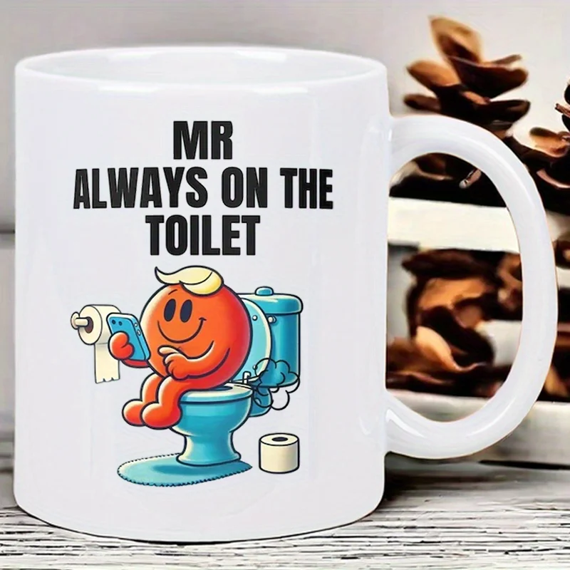 Lustiger „Herr, der immer auf die Toilette geht“-Keramikbecher (325 ml) mit orangefarbenem Motiv, handwaschbar_voghion.com