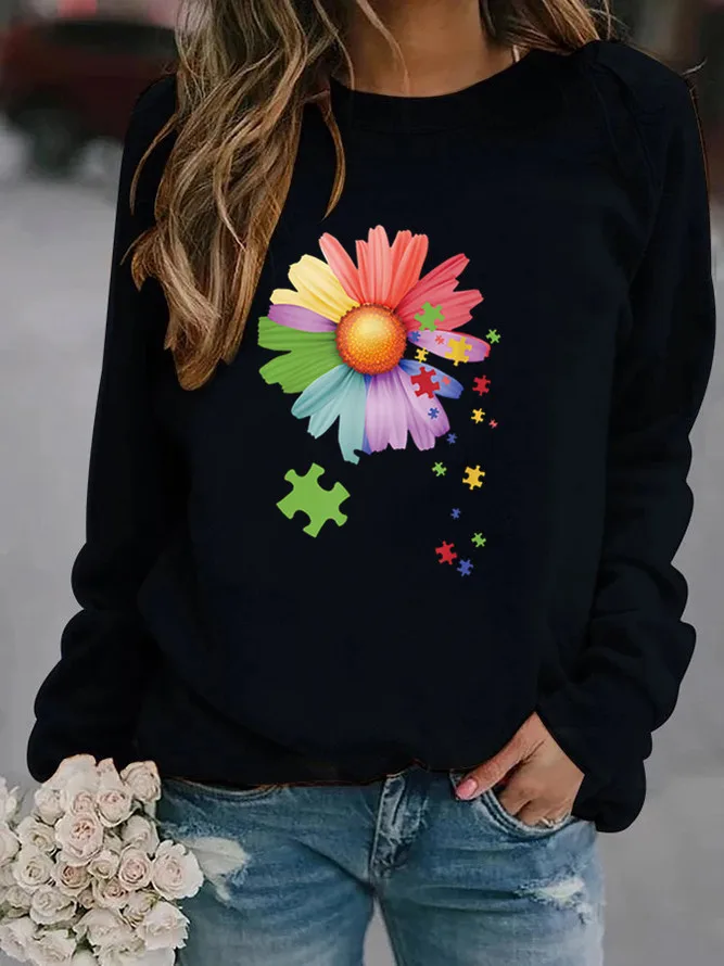 

2023 Fashion Trend T-Shirt Flower Printing Autumn New Loose Long Sleeve Crew Neck Warm Sweatshirt Casual Top Women's Clothing