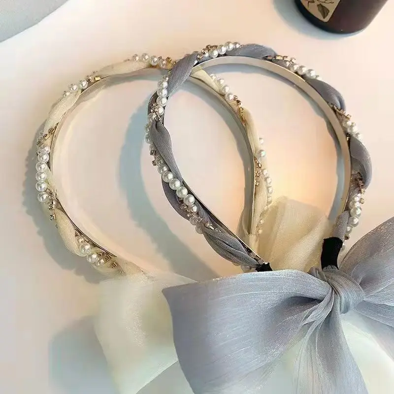 Pretty Artificial Pearl Streamer Lady Hair Hoop Bands Twist Pleated Headband Girls Bow Hair Headdress Hairbands Female Jewelry children s lace straw hat straw braided straw hat pleated streamer straw sun hat big brim sun hat panama beach sun hat