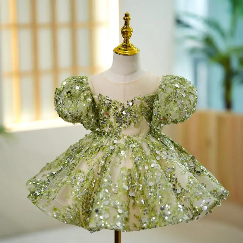 

Chidlren's Princess Evening Gown Green Sequin Puff Sleeve Design Birthday Baptism Party Easter Eid Dresses For Girls A2561