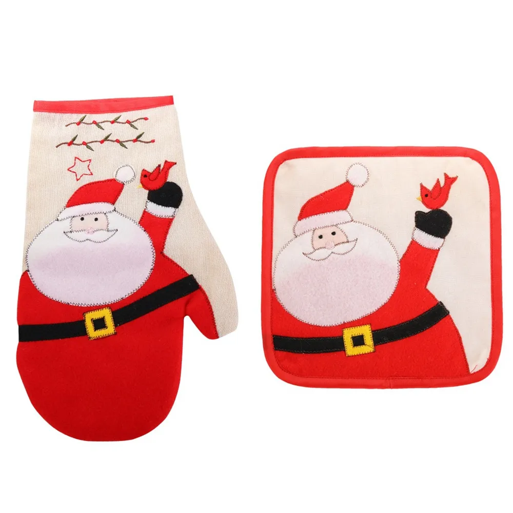 Holiday Time Merry Christmas Kitchen Oven Mitts Red Black Santa Claus Set  of 2