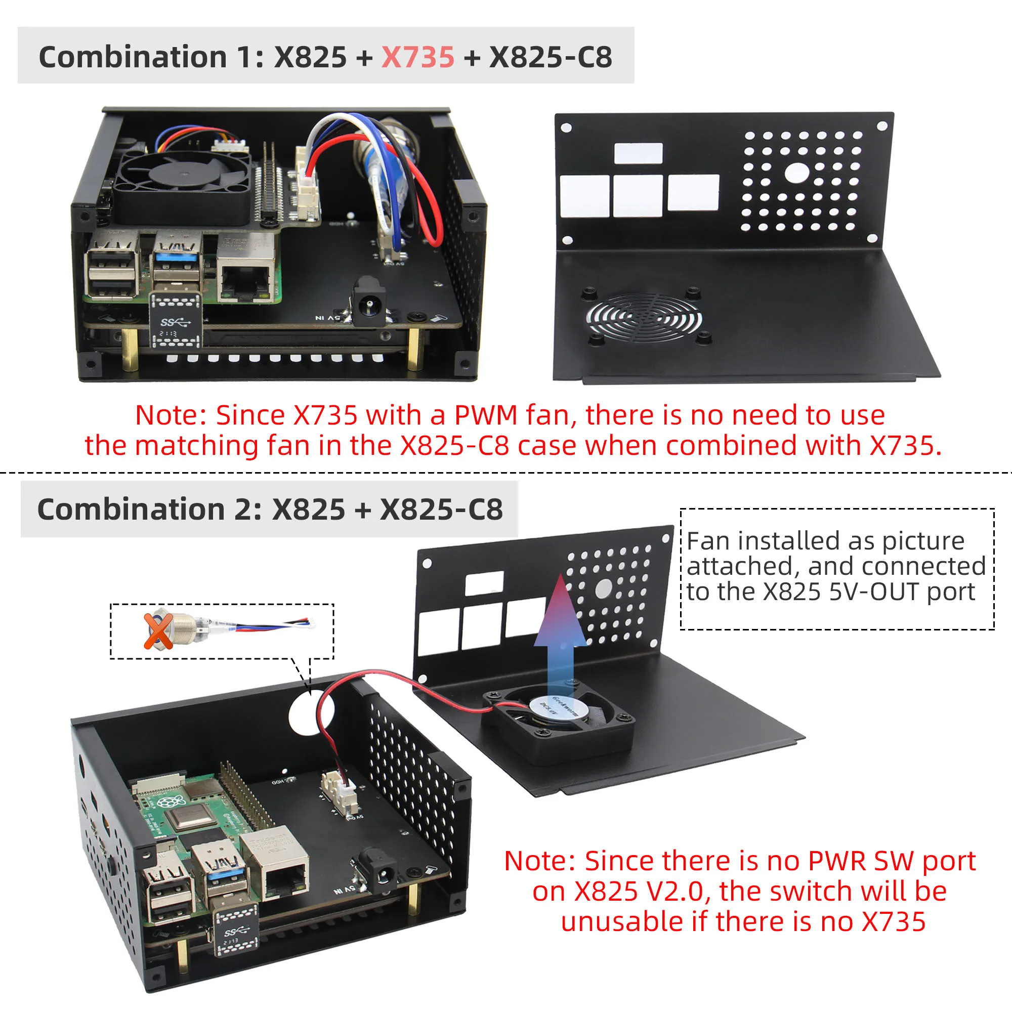 Raspberry Pi X825 SSDHDD SATA Board Matching Metal Case Switch Cooling  Fan for X825 V2.0  Pi  X735 (X825-C8)