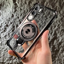 Luxury Transparent Electroplated Stand Magnetic Shockproof Case for Vivo Y21D 4G (Black)