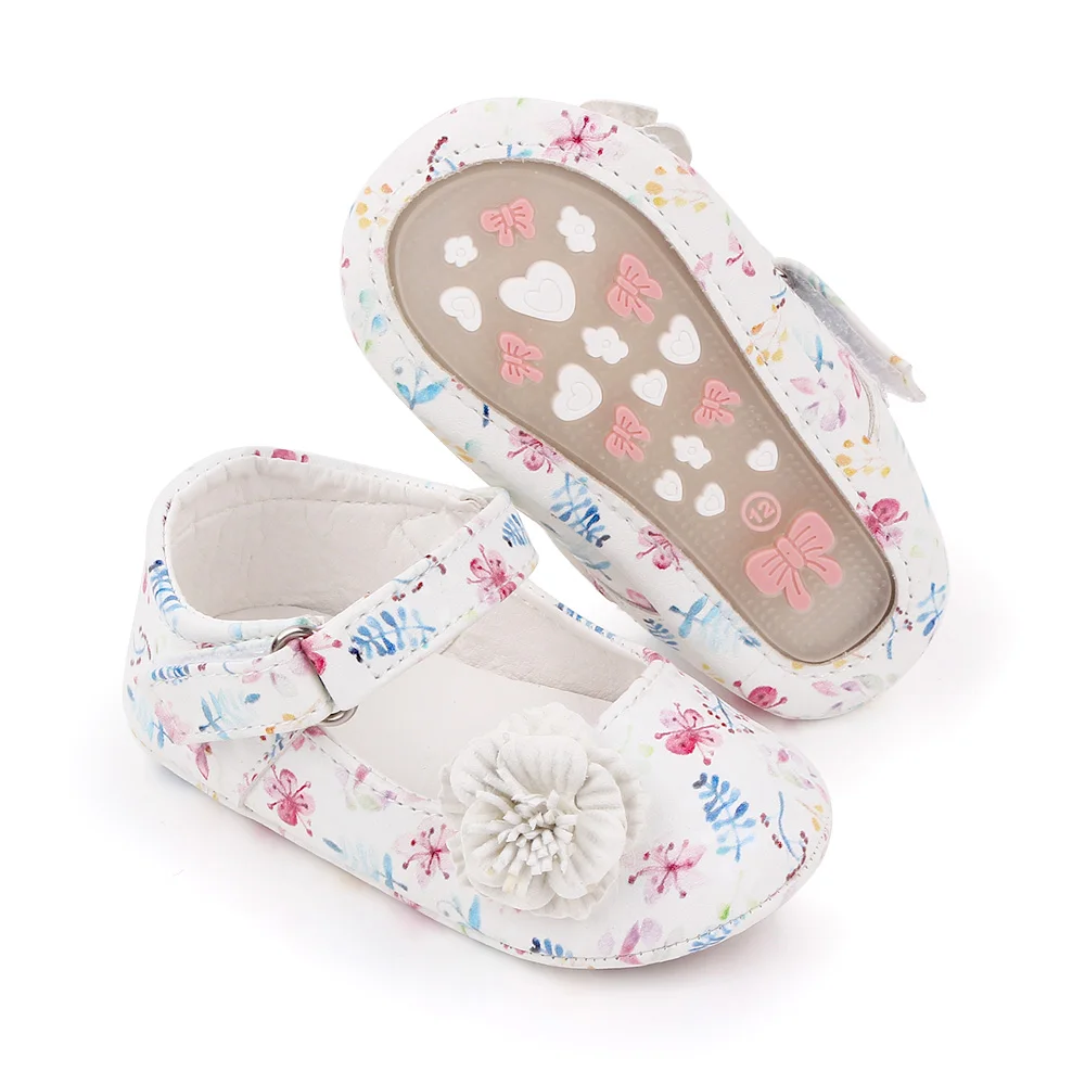 Baby Girl Shoes Mary Jane Flower Print Cute Bowknot Spring and Summer Sandal Soft PU and TPR Sole Anti-slip for 0-12M Baby