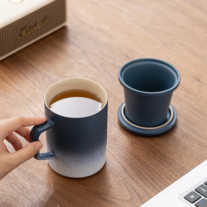 Creative Ceramic Gradient Color Tea Cup, with Cover, Chinese Style Office Supplies, Handle, Tea Water Filter Separation Mug, 1Pc