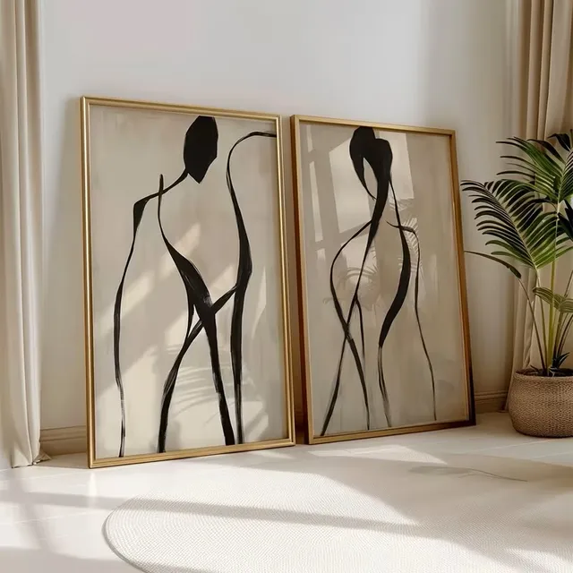 2pcs Abstract Black Beige Line Canvas Poster Picture Art Wall Printed Matter Minimalist Female Figure Living Room Home Decoratio 2