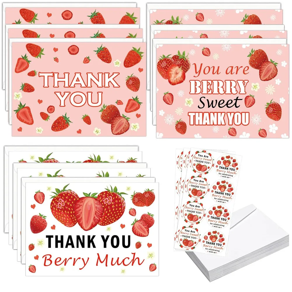 30 Pack Strawberry Thank You Cards Pink Fruit Berry Greeting Cards with Envelope Strawberry Stickers for Party Favors 4x6inch