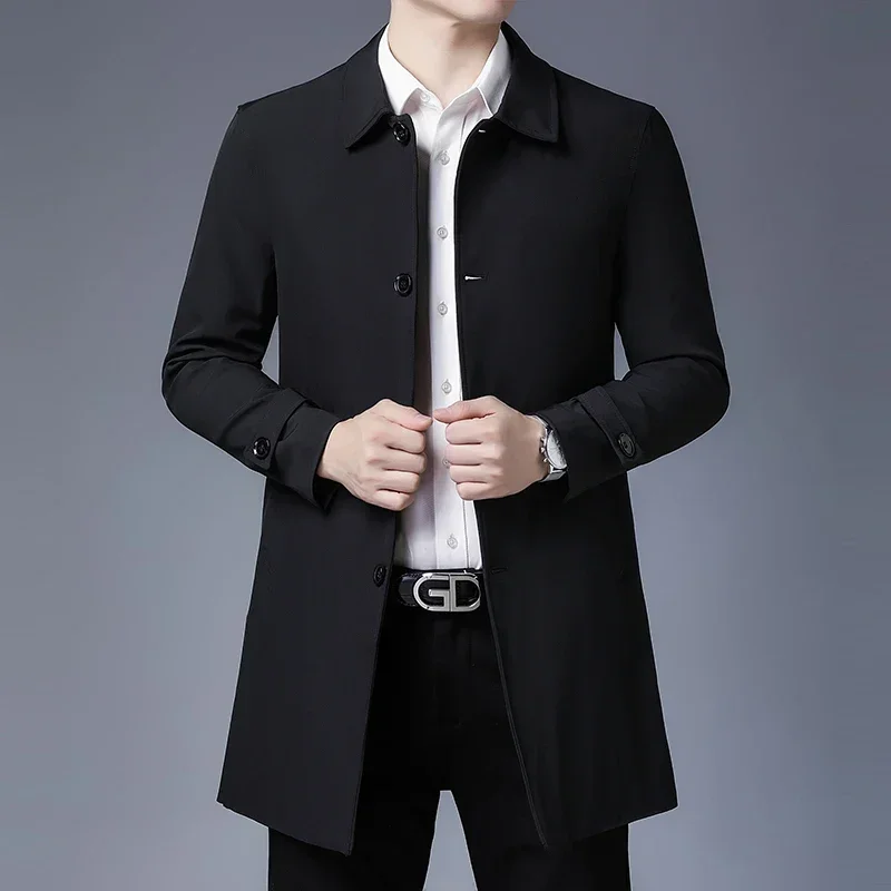 Mens Spring Jacket Men's Business Casual Black Khaki Long Jacket Top Quality Single Breasted Solid Trench Coat