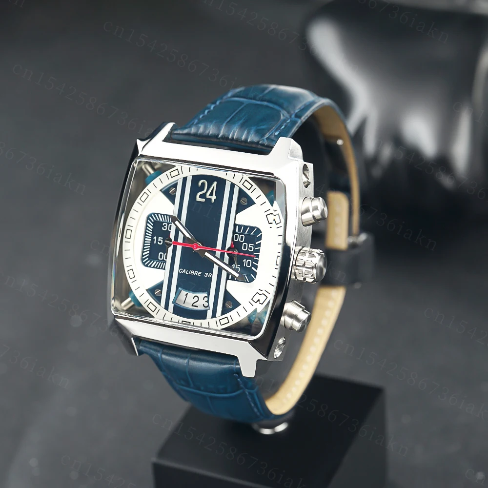 2022Fashion New Men's Color Bar Square Dial Sapphire Mirror Stainless Steel Leather Strap Sports Leisure Waterproof Quartz Watch
