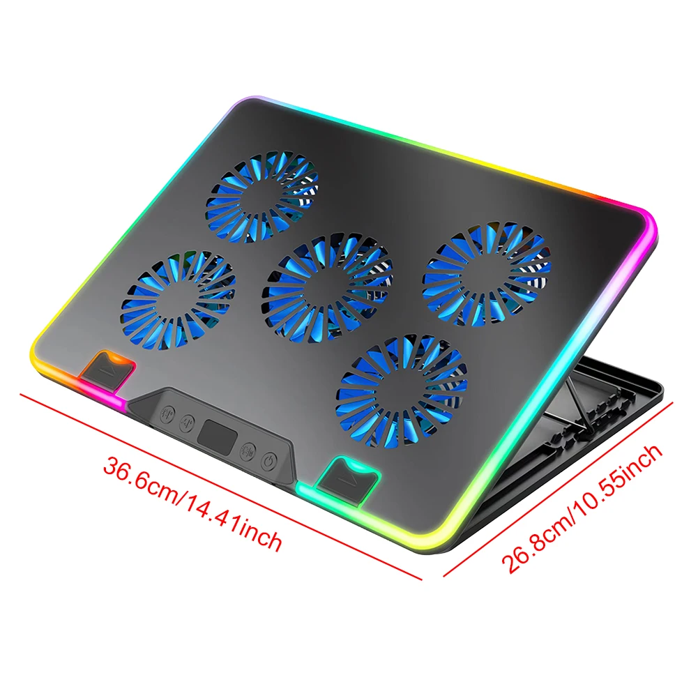 5개의 저소음 팬이 있는 노트북 쿨링 패드, 2개의 USB 포트가 있는 노트북 쿨러, 11-17.3인치 컴퓨터 PC 노트북 게이밍 노트북용 노트북 쿨러