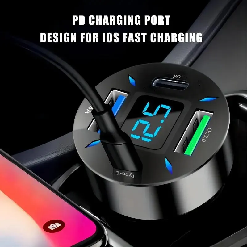 Car Charger 4 Port Car Charger USB Charger PD+QC3.0 Type C Fast Charging Quick Charge 3.0 Car Mobile Phone Adapter For IPhone 15 14
