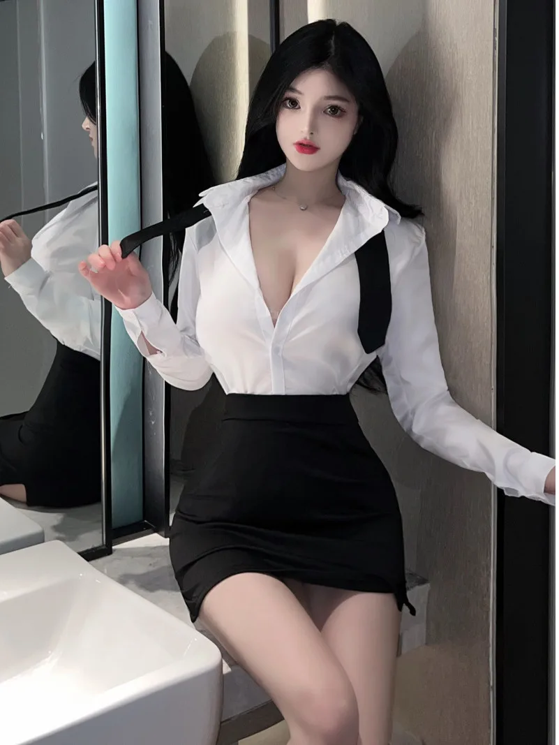 

2023 Spring Autumn New Women's Sexy temptation Long Sleeve Shirt Secretary Uniform Wrapped Hip Short Skirt Set with Tie G0SD