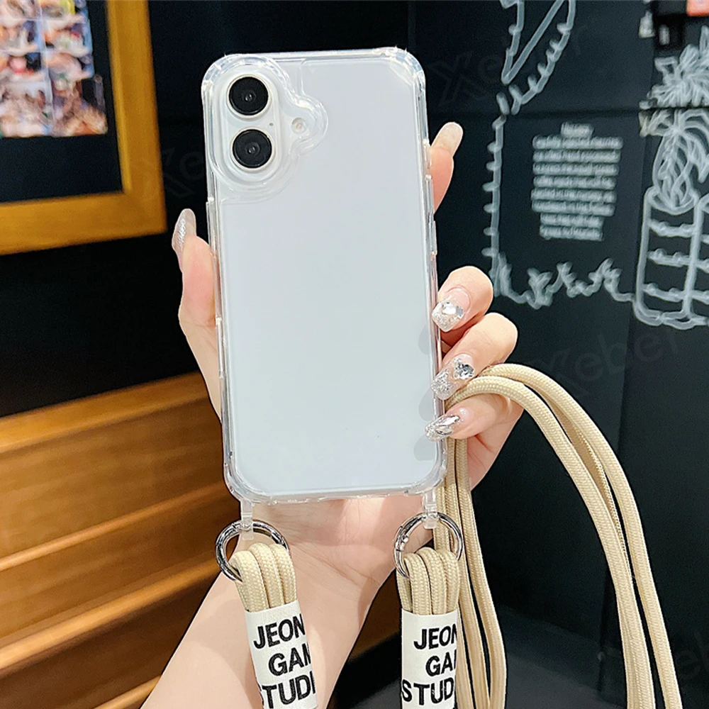 Étui de téléphone transparent avec lanière et collier en bandoulière pour iPhone 15 16 14 Pro Max 14 13 12 11, housse de protection antichoc à coussin d'air_voghion.com