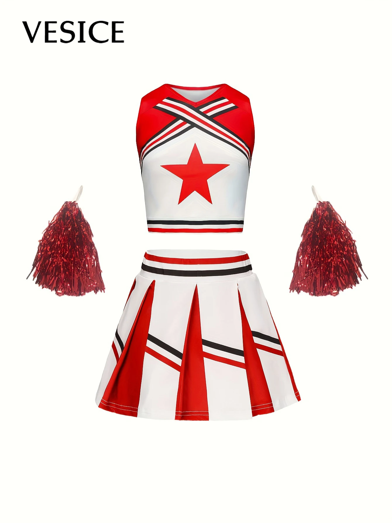Cheerleader Skirt Suit Girls Kids Star Sports Cute Homecoming Season Performance Costume Multicolor Available Free Pom Poms