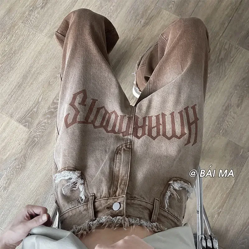 

American vintage Brown Jeans for men High Street Alphabet Gradient hiphop Pants Goth loose raw edge straight-leg pants 2023