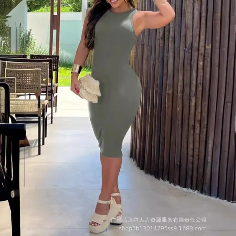 

2024 Spring Summer New Women's Clothing Solid Color Casual Sleeveless Sunken Stripe Tight Midi Dress