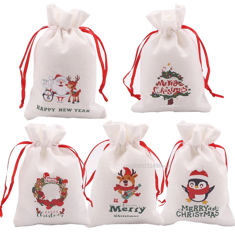 8/5PCS Red Christmas Gift Bags Santa Snowman Candy Drawstring Pouch Wrapping Bag for New Year Party Decoration Storage Bag