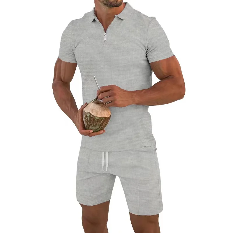 Cross border summer men's polo shirt set solid color waffle short sleeve slim lapel t-shirt casual men's set