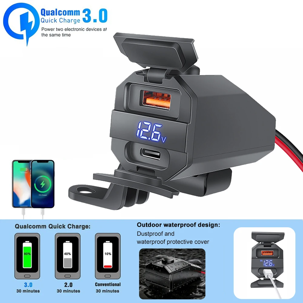 PD+QC3.0 Motorcycle USB Fast Charger 100W Handlebar Dual USB Socket with Digital Voltmeter Waterproof 12V Power Supply Adapter