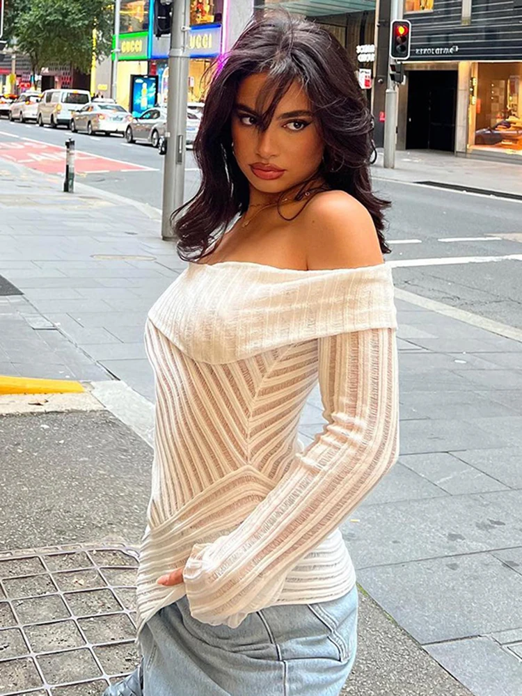 Camisetas clásicas fruncidas con tiras para mujer, top asimétrico único de manga larga acampanada con hombros descubiertos, corte entallado, ropa de calle salvaje para chicas