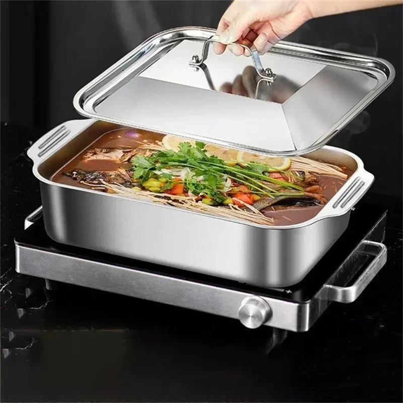 304 Stainless Steel Grilled Fish and Crayfish Tray with Lid Rectangular Induction Cooker Deep Dish BBQ Beef Food Plate