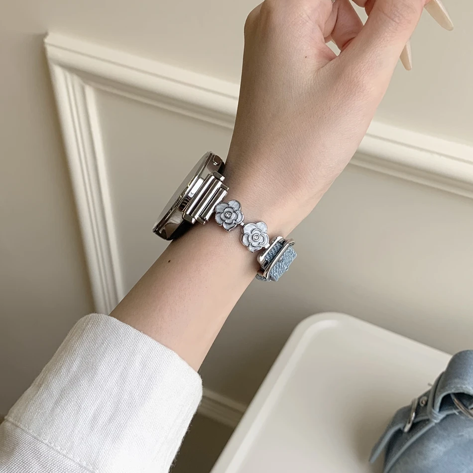 Camellia Metal Leather Strap Watch Band - Elegant and Versatile Design