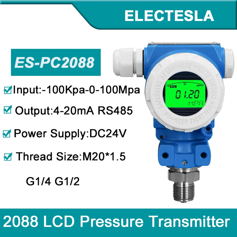 2088 Pressure Transmitter Sensor 4-20mA RS485 Output LCD Display Water Pressure Hydraulic Oil Vacuum Pneumatic