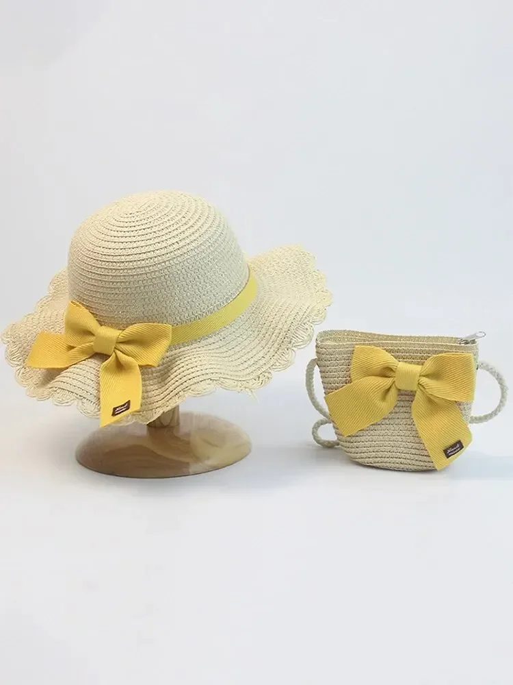 Hat And Bag Set Summer Bow Sweet And Cute Sunshade Sun Hat For Children Straw Cap Beach For Summer sun hat sun protection hat