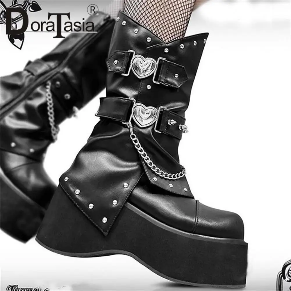 

New women's Goth Platform Mid-Calf Boots Fashion Heart Buckle Rivet Punk Wedges High Heels Boots Women Party Woman Shoes