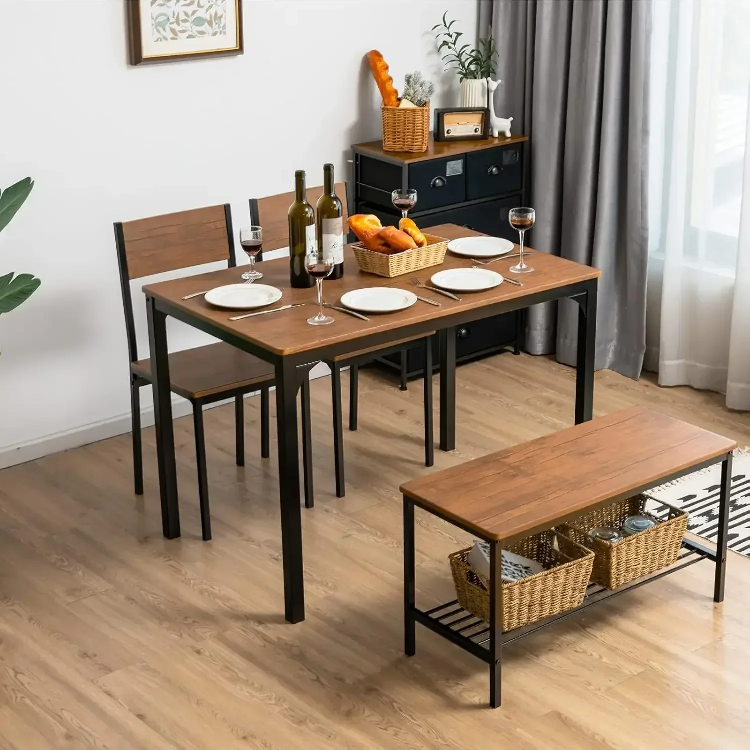 New2025-Dining Table Set for 4, Kitchen Table with Bench and Chairs, Industrial Gathering Bench Dining Set W/Metal Frame & Stora