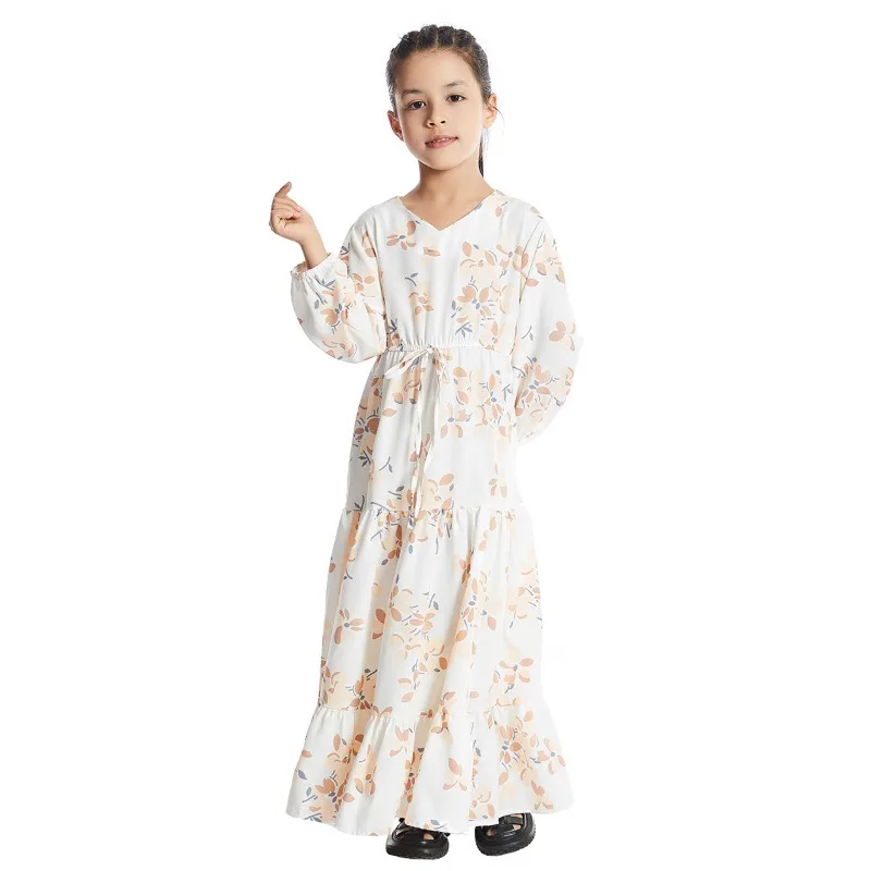 Bohemian Kids Girls Floral Dress V Neck Long-sleeved Tunic Maxi Dress Sweet Loose Comfortable Party Skirt Robe