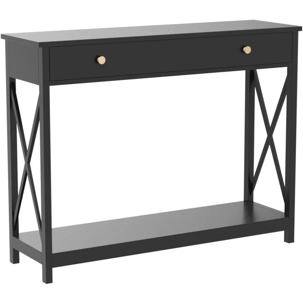 

Oxford Design Console Table with Drawer and Storage Shelves, Foyer Sofa Table Narrow for Entryway, Living Room, Hallway, Black