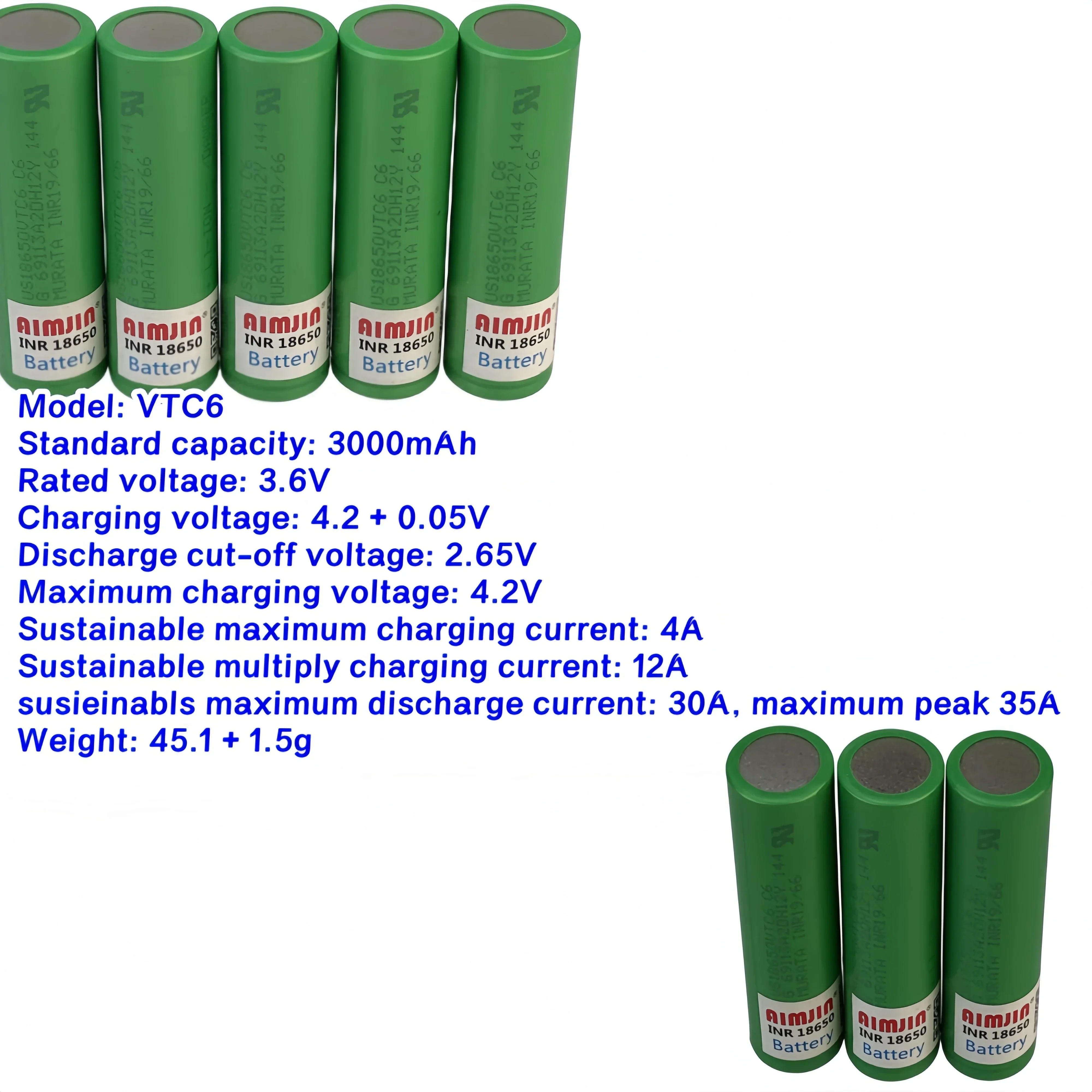 

18650 VTC6 3.6V 3000mAh Rechargeable Lithium ion battery suitable for remote control, flash lights, etc