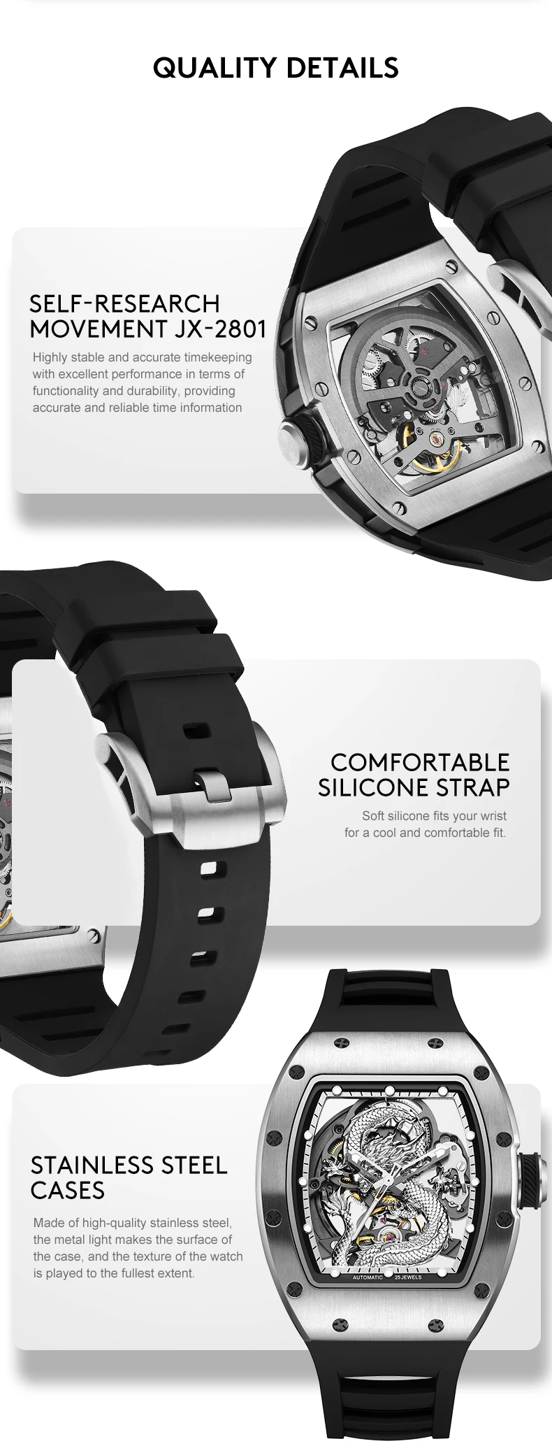 Dragon Mechanische Herrenuhr Tonneau-Gehäuse Automatik Skelett Edelstahl Armbanduhr Leuchtend Wasserdicht Silikonarmband – Detail 4
