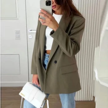 سترة نسائية من HXAO ملابس مكتبية سترة سوداء للأعمال سترة طويلة فضفاضة غير رسمية مزدوجة الصدر سترة رمادية 2