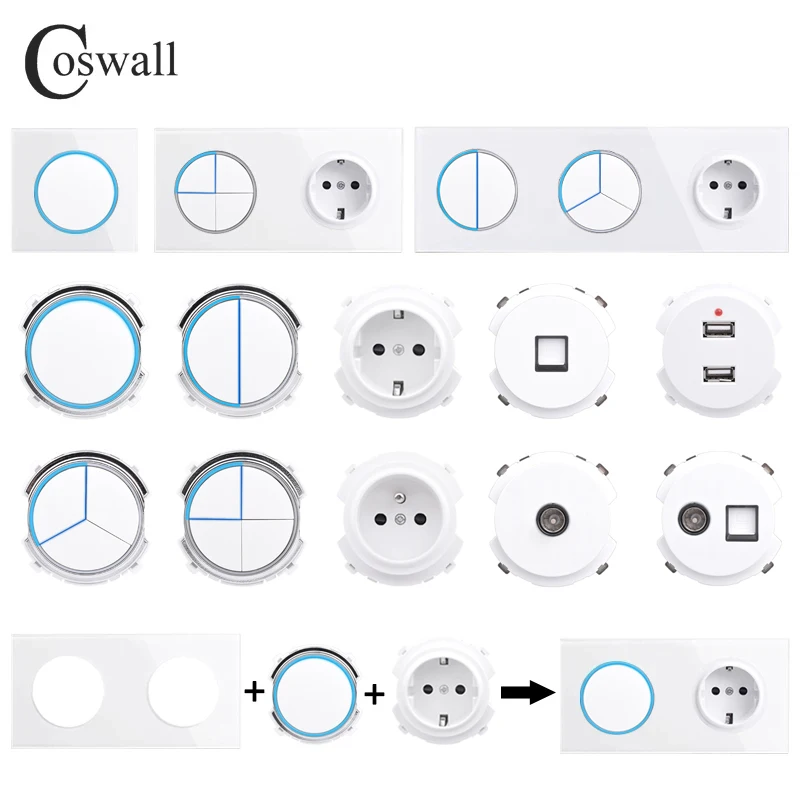 COSWALL Wall Light Switch LB Series, white tempered glass panel on off wall switch blue large aperture backlight DIY module
