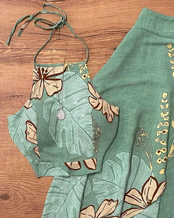 Summer Casual Two Piece Set Women Tropical Palm Leaf Floral Print Halter Tied Detail Backless Vest Top and Pleat Midi Skirt Set