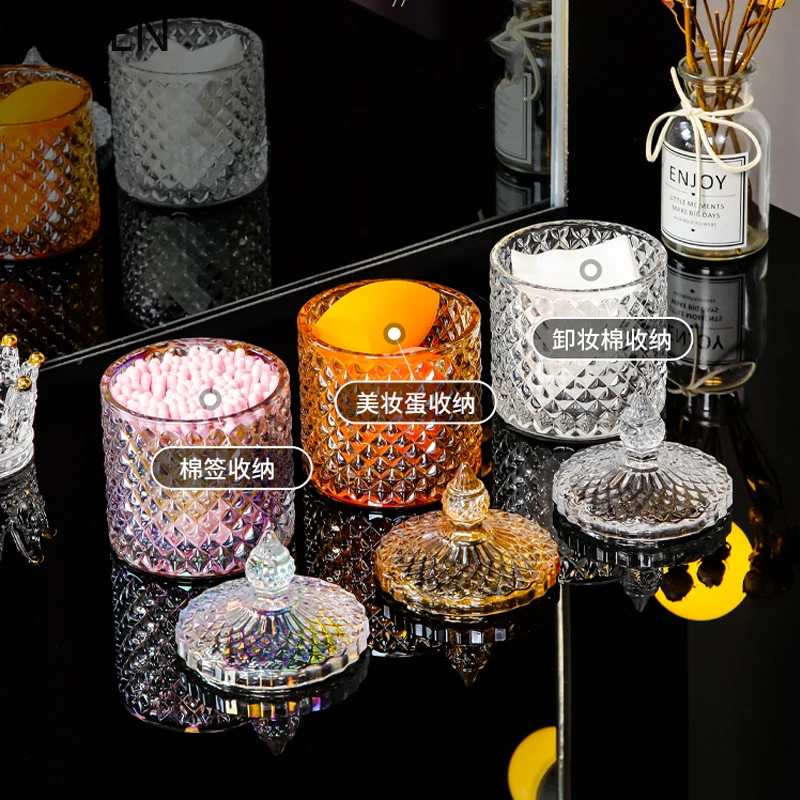 Transparent Glass Storage Jar Household Storage Box Glass Container Desktop Decoration Cotton Swab Box with Lid Jar