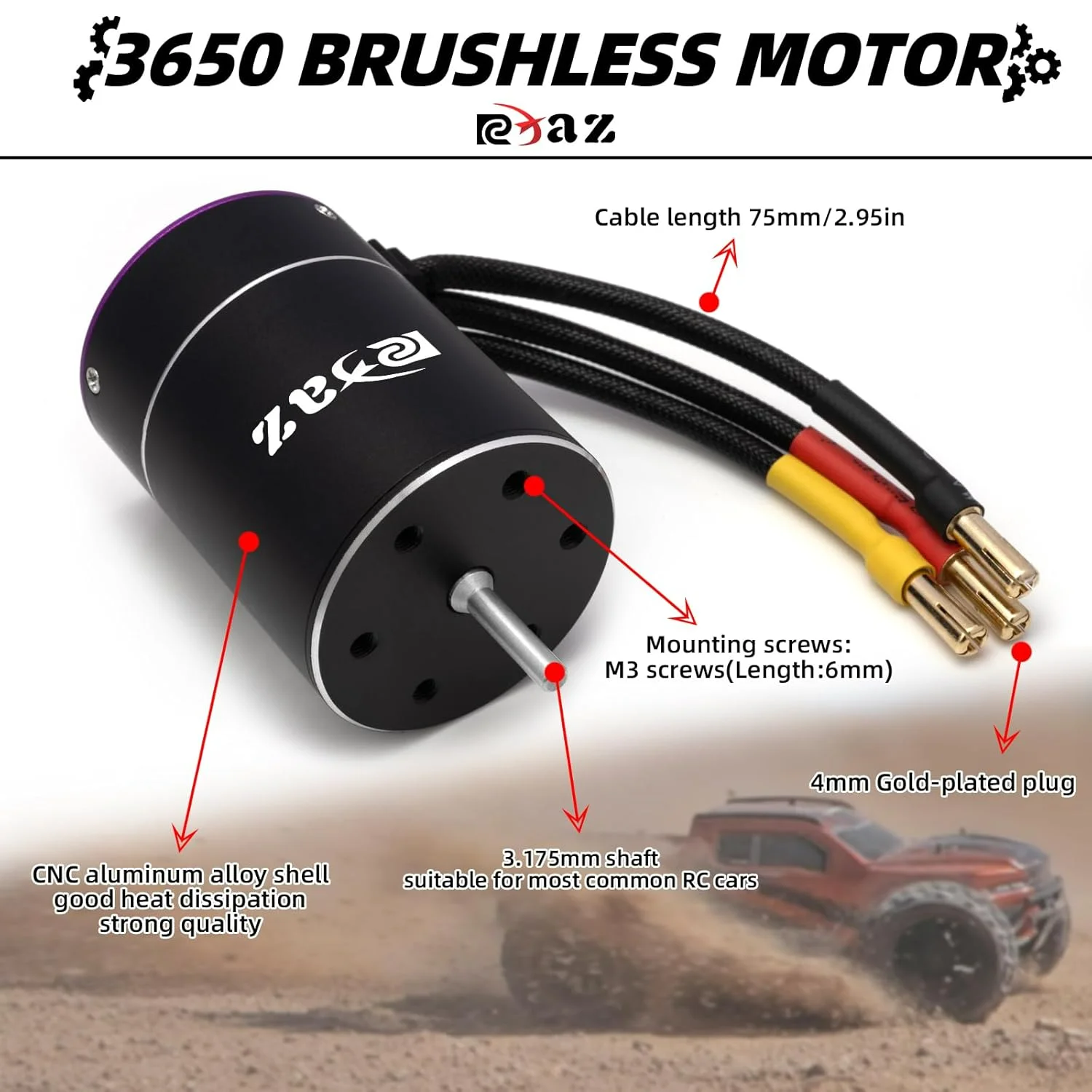 Connecteurs et câbles du moteur Brushless 3650 2600KV-6400KV avec ESC 75A pour Voiture RC 1/10